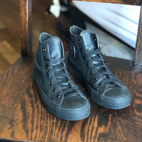 SOLD Black Leather Converse High Tops - Picture 3 of 6
